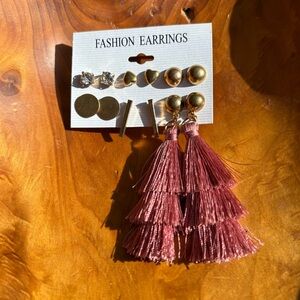 Tiered Tassel Drop Earrings Set in Dusty Pink with Gold Accents